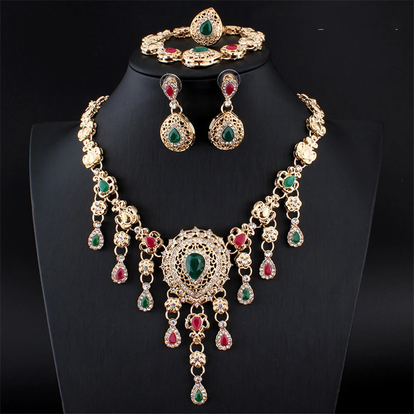

Moroccan Wedding Jewelry Sets Crystal Pendants Necklaces Earrings Rings Algerian Women Wedding Party Gifts