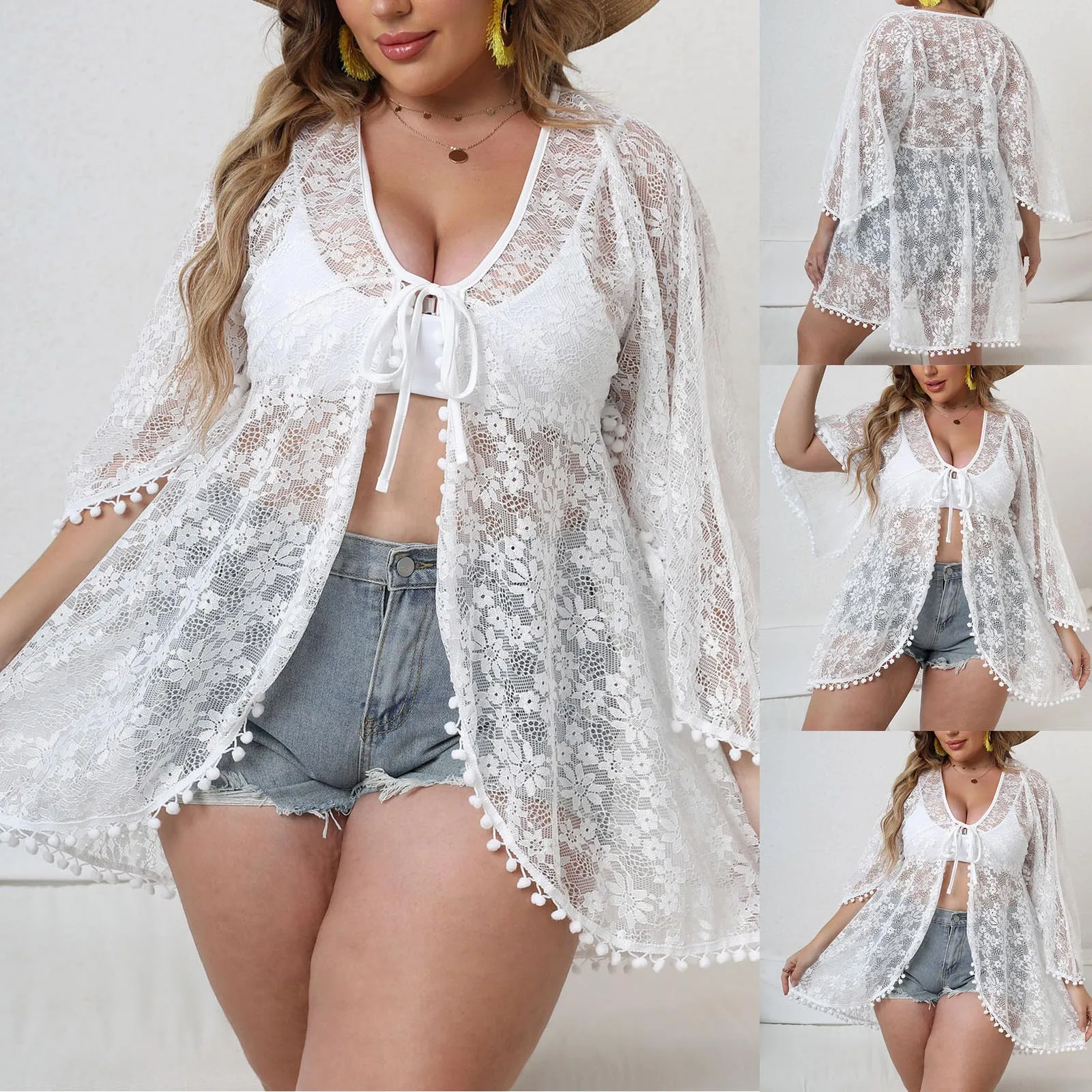 

Summer Women Large Size Irregular Cardigan Sexy See-Through Lace Shirt Loose Strap Sunscreen Coat Floral Cover Ups For Women