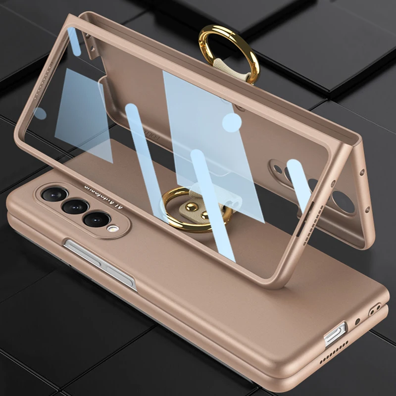 With Key Ring Shockproof Armor Hinge Case For Samsung Galaxy Z Fold 5 4 3 360 Full Protection Tempered Glass Matte PC Cover