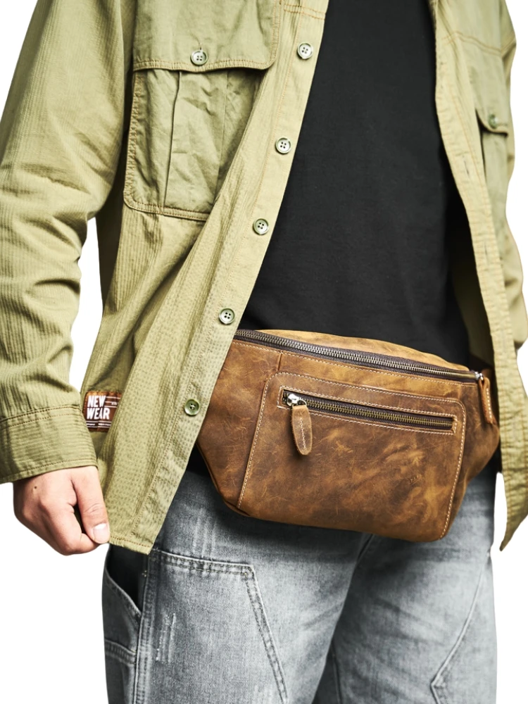 Классическая кожаная мужская сумка-слинг Crazy Horse Модный Забавный поясной кошелек