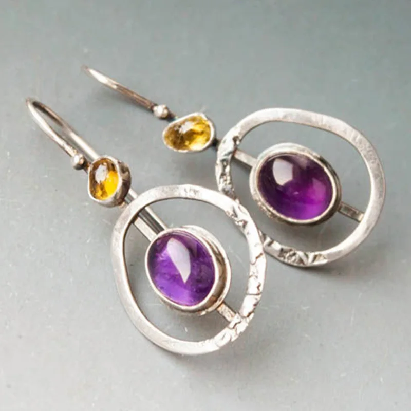 

1Pair Retro Hollow Design Oval Purple Stone Earrings Gypsy Vintage Ethnic Handmade Moonstone Dangle Earrings For Women Jewelry