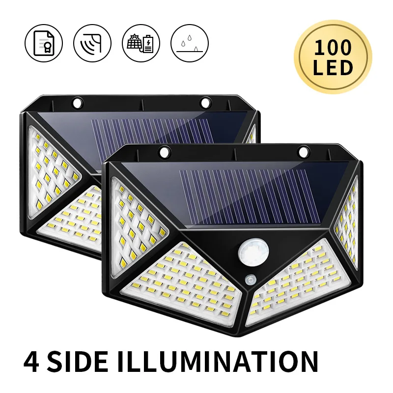 

2-Pack 4 Sides Illumination 100 LEDs Solar Lamp Energy Saving IP65 Waterproof Human Infrared Sensor Light Staircase Garden light