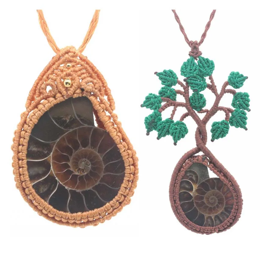 

Ожерелье KFT из натурального аммонитового камня, подвеска, веревочная обернутая ископаемым кулоном, плетеная макраме, духовные украшения дл...