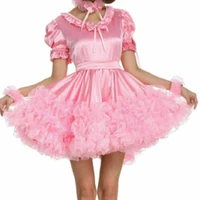 new hot selling sissy lockable pink satin organza maid dress custom dress