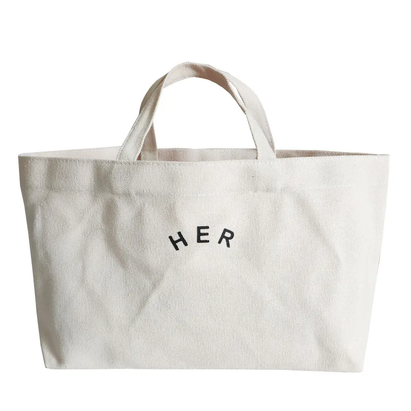 1 Pc Korean Style ‘HER' Letter Decoration Tote Bag Women  Canvas White MShopping Bag Large  Fashion Letter Printing Shoulder Bag