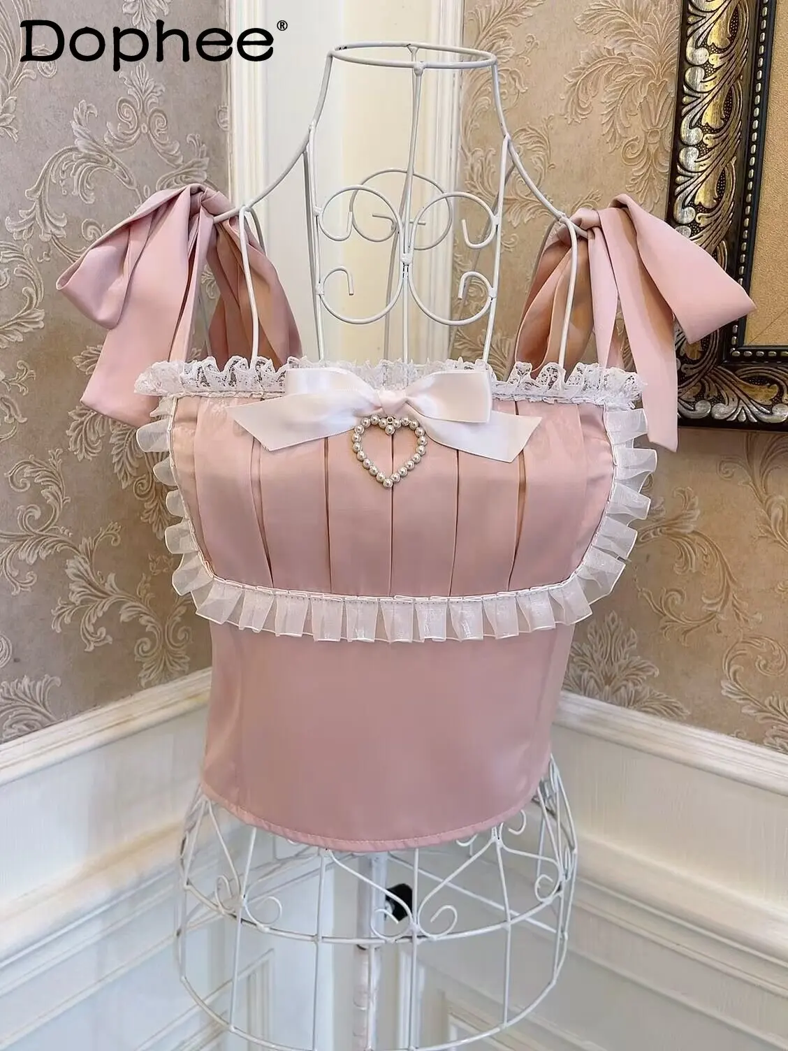 

Girl Princess Bow Bandage Pearl Heart Pink Lace Vest Women Spring Wooden Ear Show Umbilical Tank Top Camisole Female Crop Top