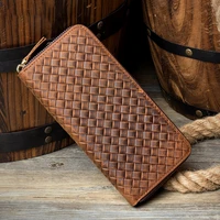 vintage woven wallet brand luxury full grain genuine leather mens wallet long phone bag card holder clutch male purse women bag
