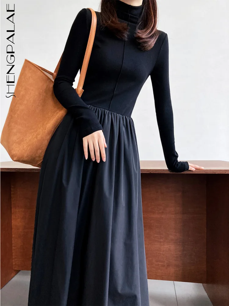 

SHENGPALAE Knitted Half-high Neck Dress For Women Korean Fashion Elegant Chic Splice Vestido Robe 2023 Spring Y2k Clothes 5R1210