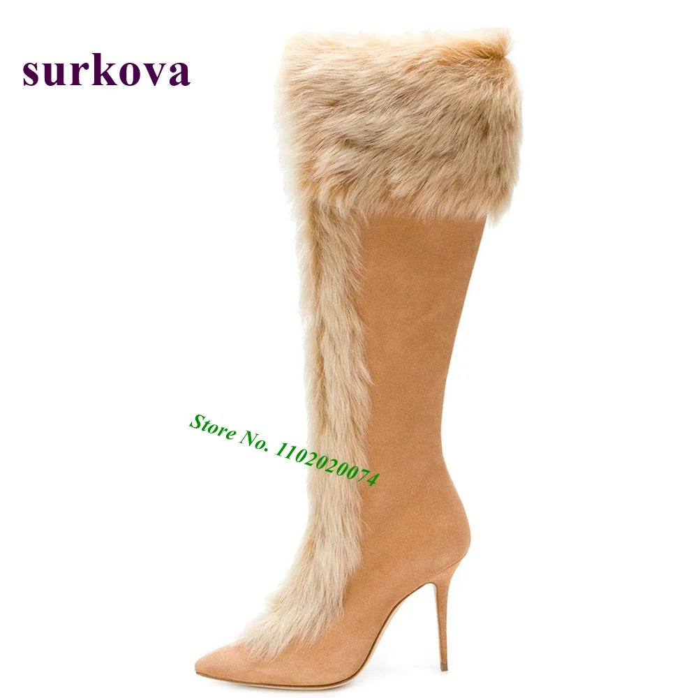 

Женские сапоги до колена на шпильке, с острым носком и кроличьим мехом