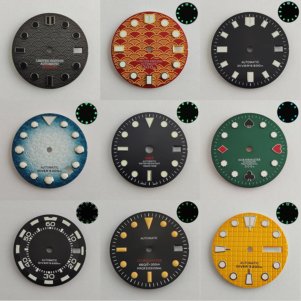 

Циферблат NH35, циферблат NH36 28,5 мм, циферблат для часов nh35, зеленый светящийся модифицированный циферблат для SKX007 NH35/NH36, запчасти для часов с автоматическим механизмом