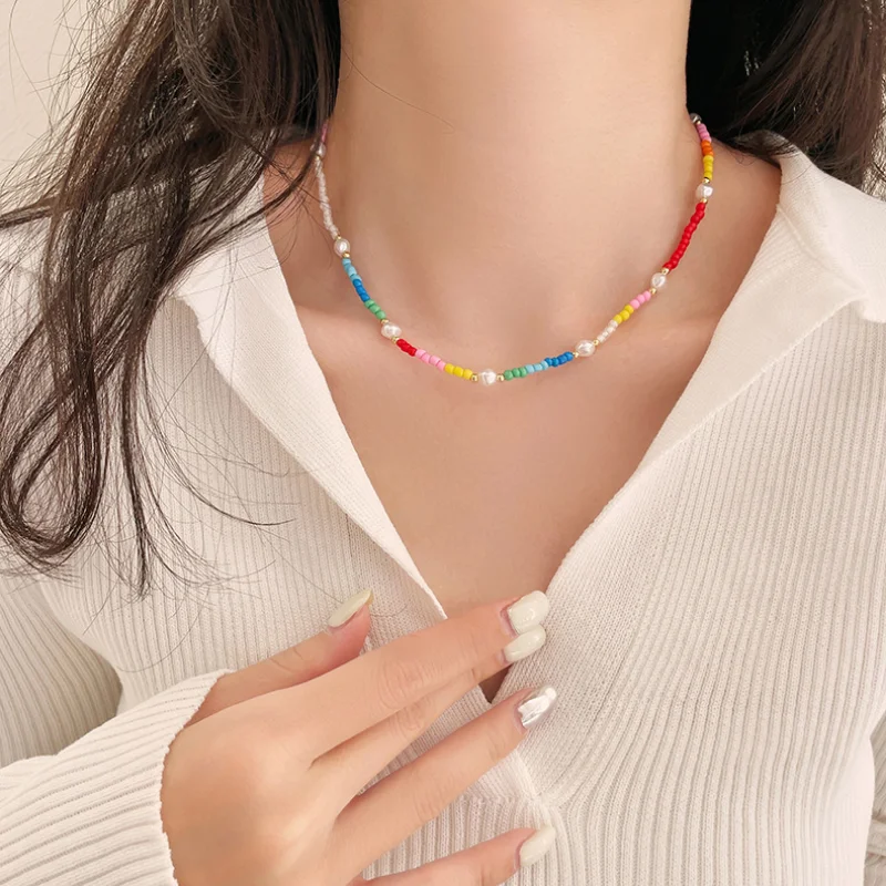 

Minar Handmade Rainbow Beads Strand Chokers Necklaces for Women Mujer Imitation Pearl Penelled Beaded Necklace Beach Jewelry