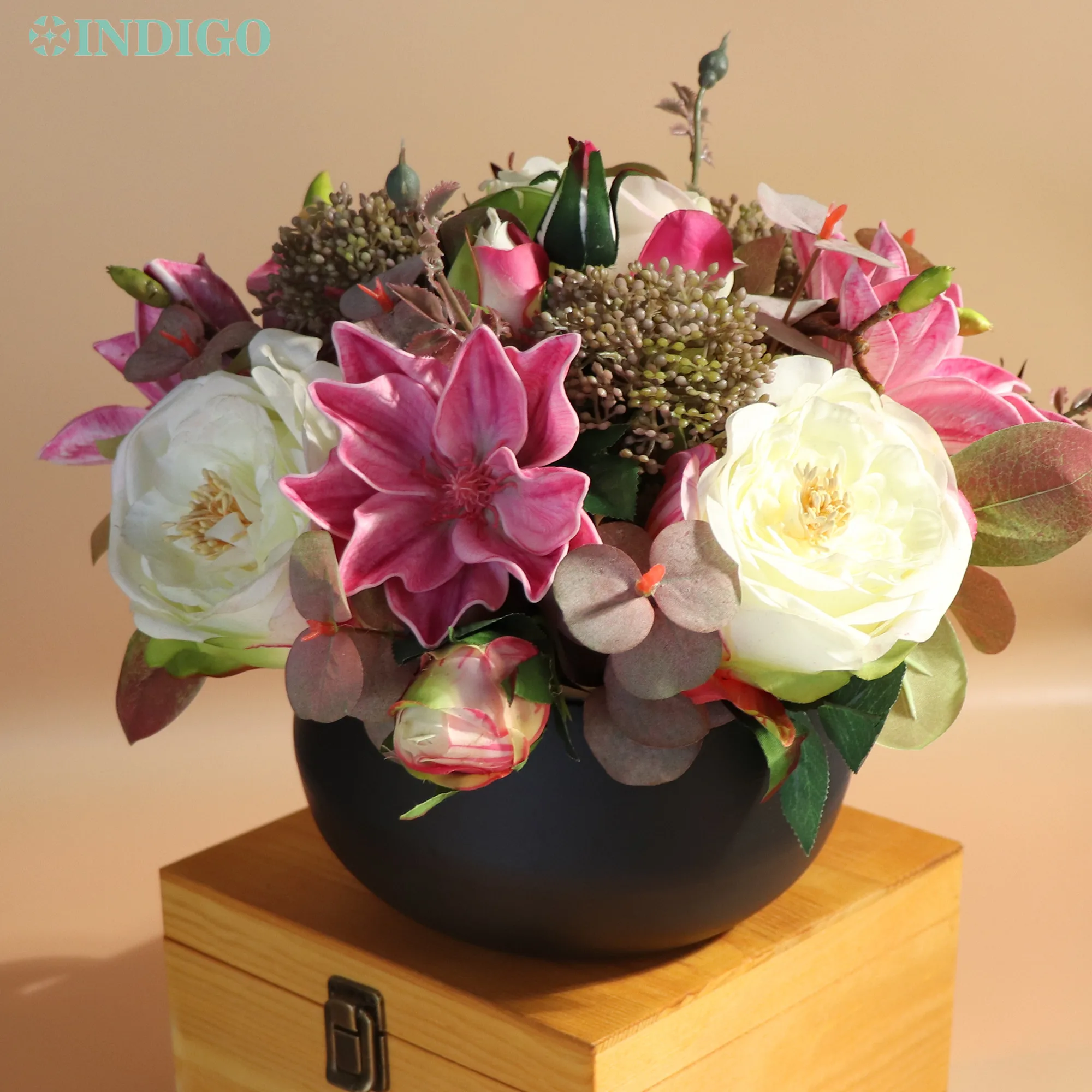 Purple Magnolia Flower Centerpiece (1 Set Bonsai With Pot ) Artificial Rose Party Customize Table Flower Arrangment - INDIGO