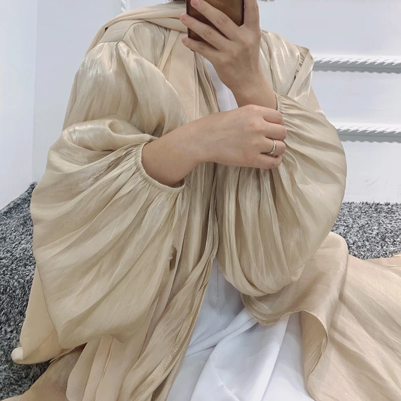 

Women Fashion Shiny Hijab Puff Sleeves Muslim Dress Satin Abaya Dubai Turkey Muslim Dress Islam Abayas