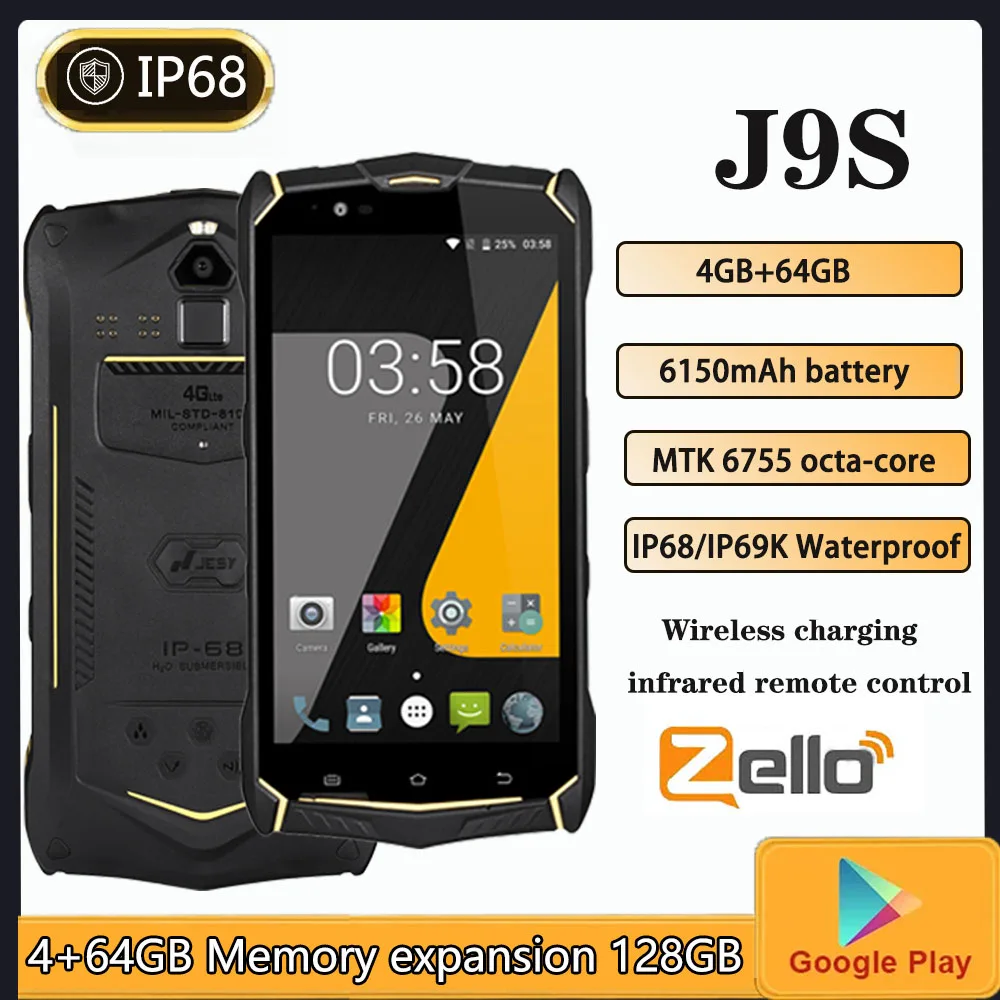 

teléfono inteligente Zello PTT, dispositivo resistente al agua IP68, J9S, Android 7,0, 4GB RAM, 64GB rom, batería de 6150mAh, cá