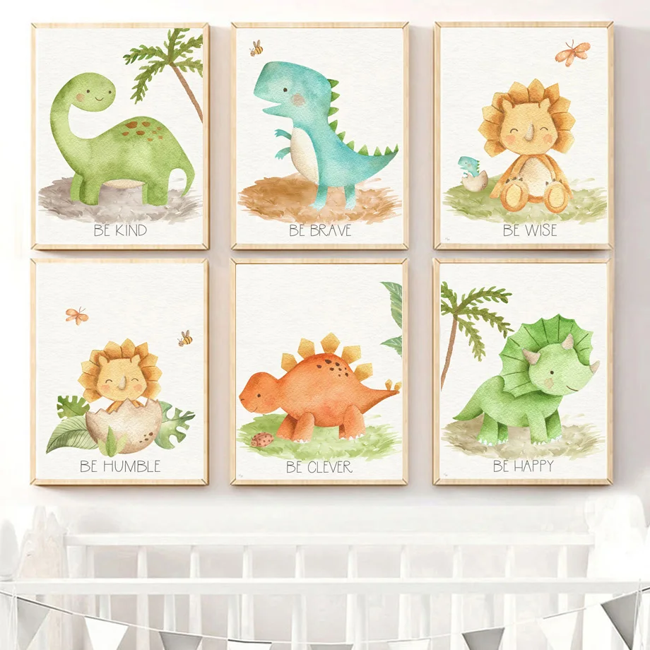 Мультяшный динозавр кокосовое дерево пчела вулкан настенная Картина на холсте