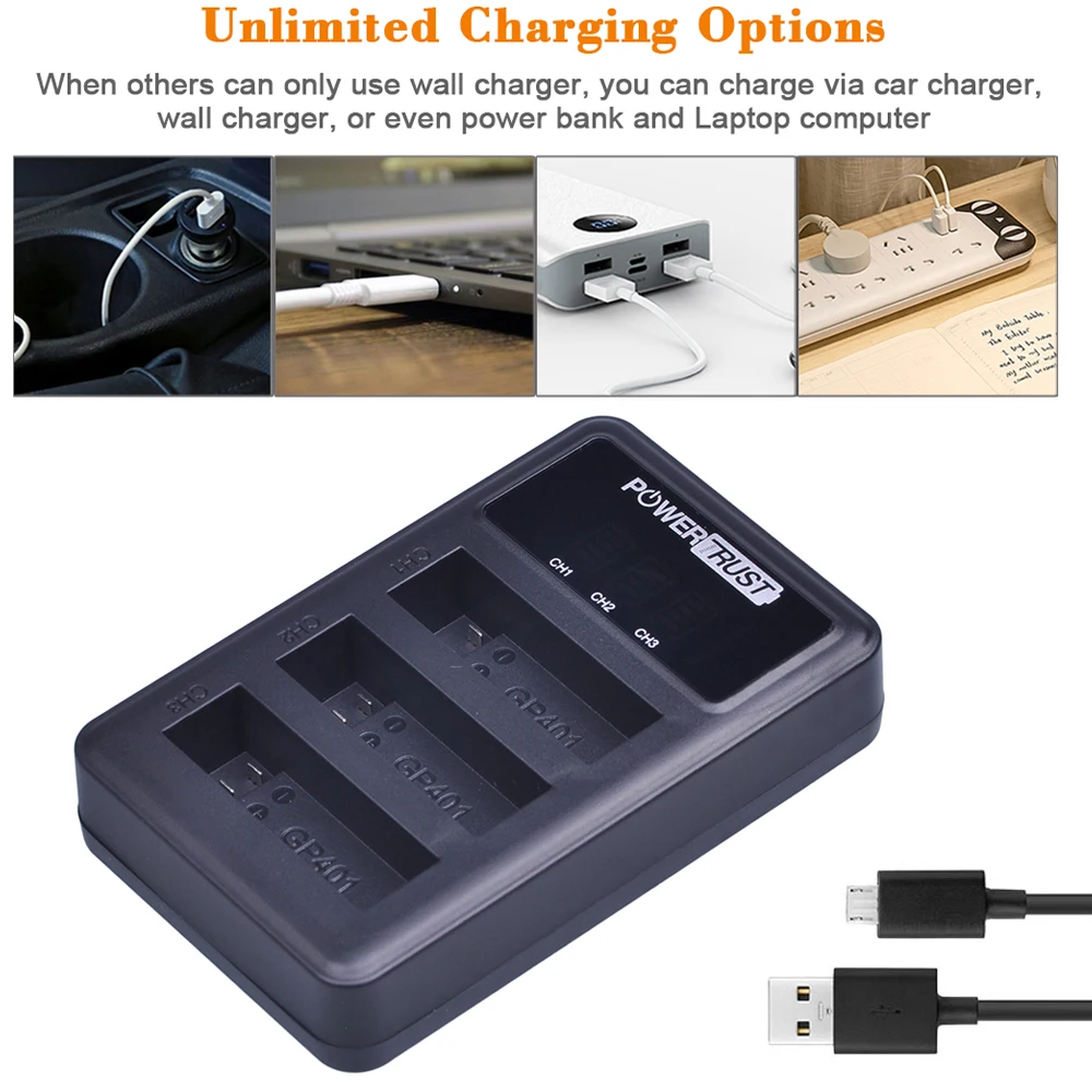 AHDBT-401 Аккумулятор 1680 мАч + светодиодный USB-зарядное устройство с 3 слотами для Gopro