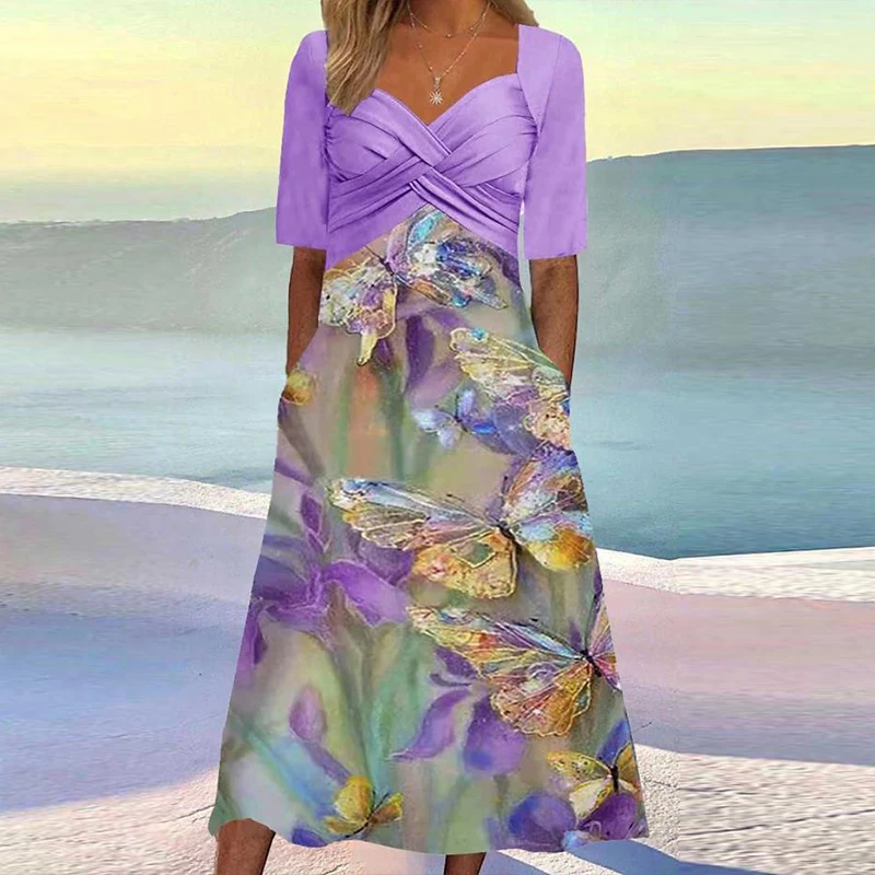 

Spring Butterfly Print Splicing A-Line Long Dress Women Sexy V Neck Draped Party Dress Summer Short Sleeve Pocket Office Dresses