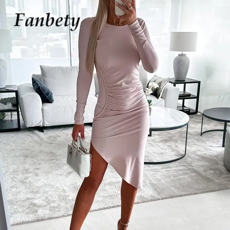 

Sexy V Backless Irregular Knee Dresses Office Women Crew Neck Tight Party Dress Commuter Autumn Long Sleeve Bodycon Female Dress