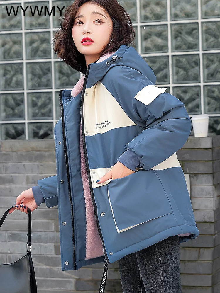 Winter Jacket Women Warm Parkas Fur Lining Snow Wear Jackets Spliced Hooded Coats Office Lady Slim Fashion Big Pockets Clothing