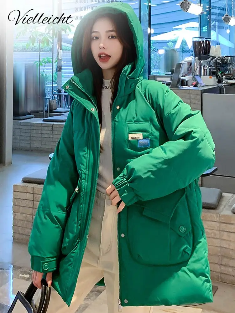 Vielleicht 2022 New Long Parkas Women Winter Fashion Coats Women Elegant Hooded Collar Solid Cotton Padded Jacket Female Clothes