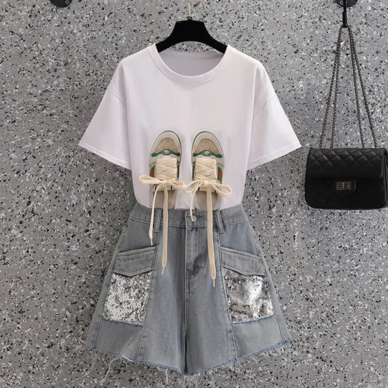 

Женский Повседневный костюм из двух предметов, свободная футболка с коротким рукавом и круглым вырезом на шнуровке и джинсовые брюки с блес...