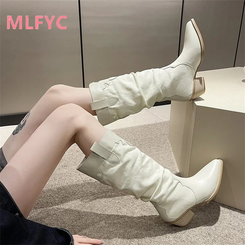 

Pointed Western cowboy boots with pleated pile up boots, new women's boots with thick heels and high sleeves