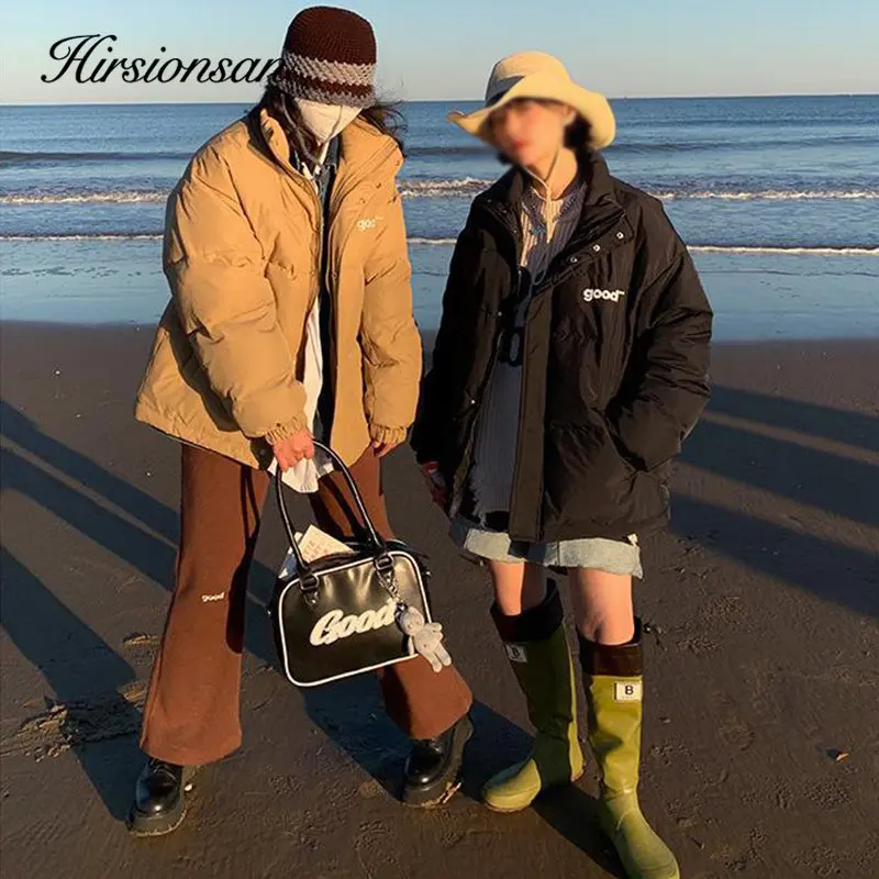 Hirsionsan Simple Stand Collar Coats Women Winter Letter Printed Thicken White Duck Puffer Clothing Female Popular Bread Jacket
