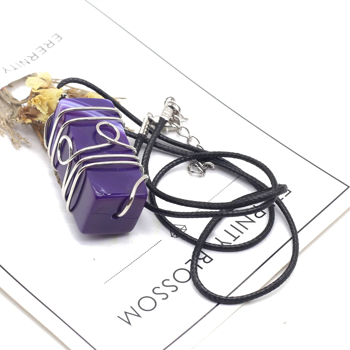 

20X45mm Natural Agate Stone Pendant Necklaces Square Winding Silver Rope Chains Crystals Stone Necklace For Women Jewelry