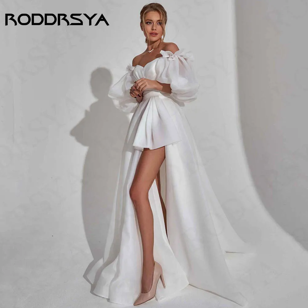 Фото Женское свадебное платье RODDRSYA, элегантное ТРАПЕЦИЕВИДНОЕ платье с открытыми плечами, рукавами-фонариками и разрезом, официальное Тюлевое платье с открытой спиной Свадебное платье на плечах  Пышные рукава элегантное №4