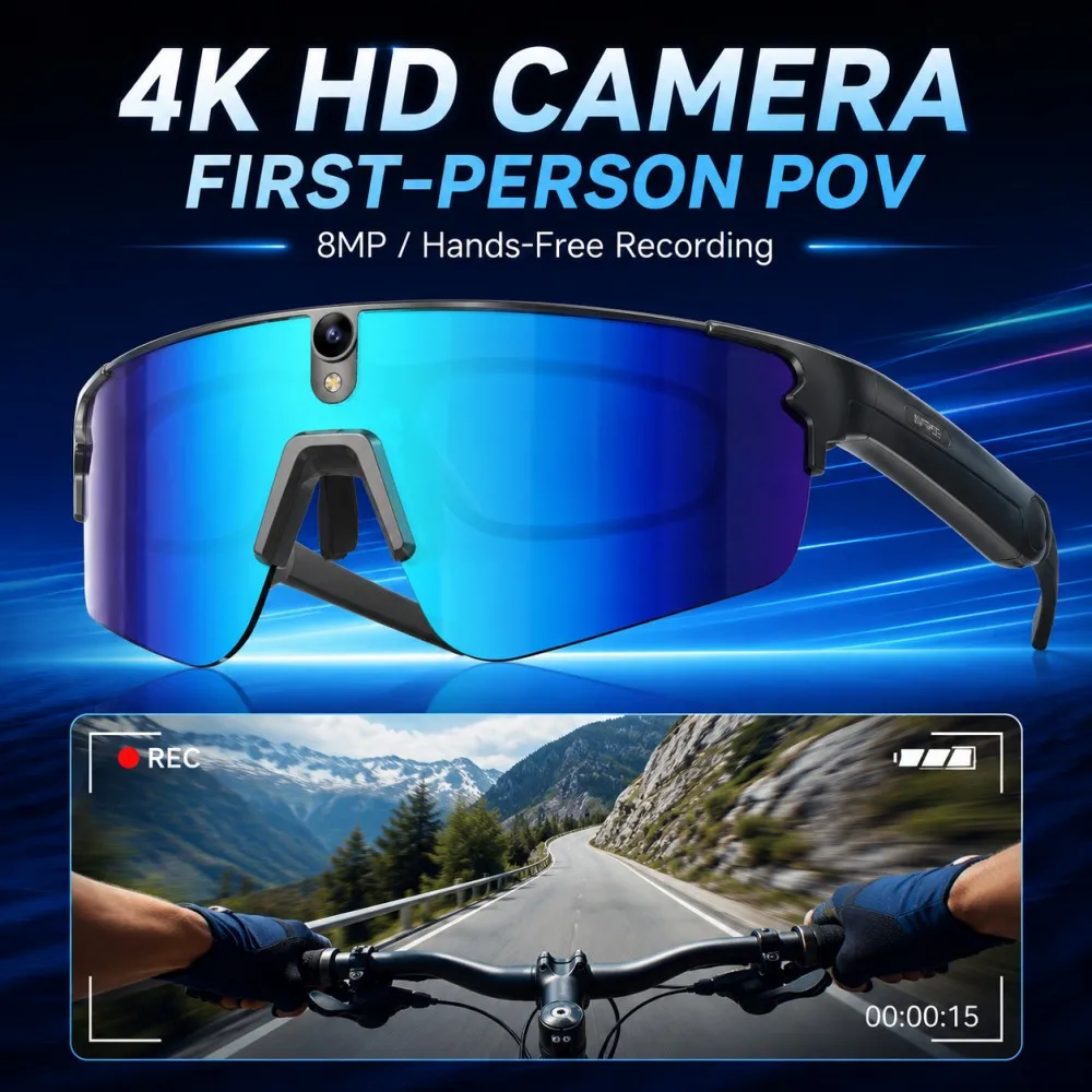 Фото Умные велосипедные очки с ИИ, 4K HD, камера 800 МП, Bluetooth-вызовы, перевод, защита от сотрясений, солнцезащитные очки для мужчин и женщин, защита от УФ, водонепроницаемые, музыка №1