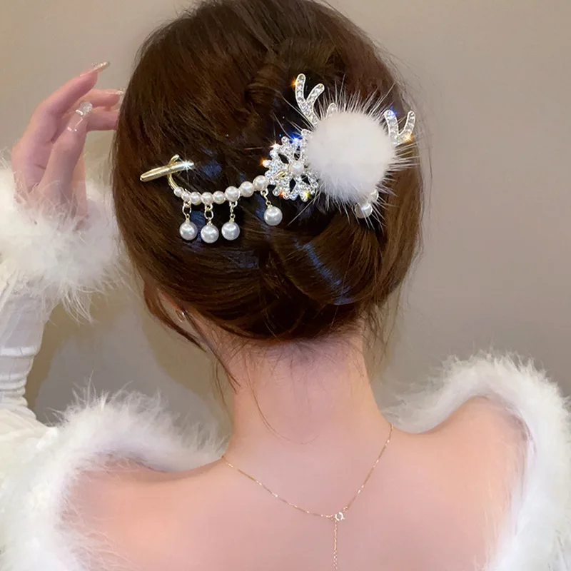 1 шт. Рождественский меховой зажим с рогами снежинками женский для волос на спине