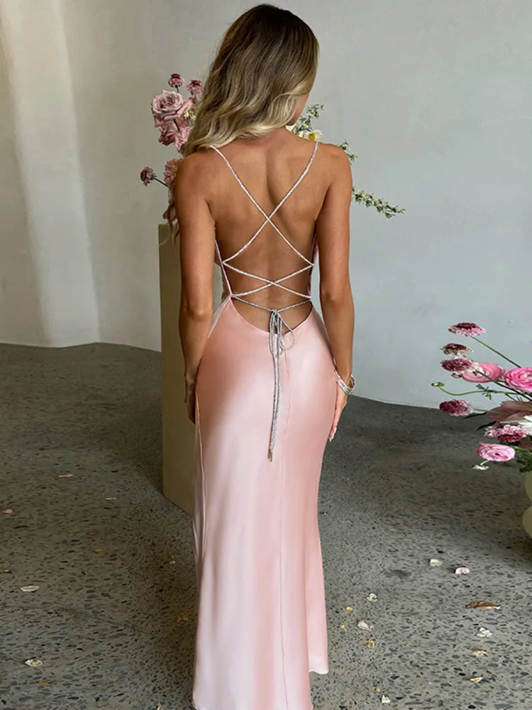 

Sexy Satin Spaghetti Strap Hight Split Long Dress Women Robe Elegant Backless Sleeveless Midi Dresses Vestido