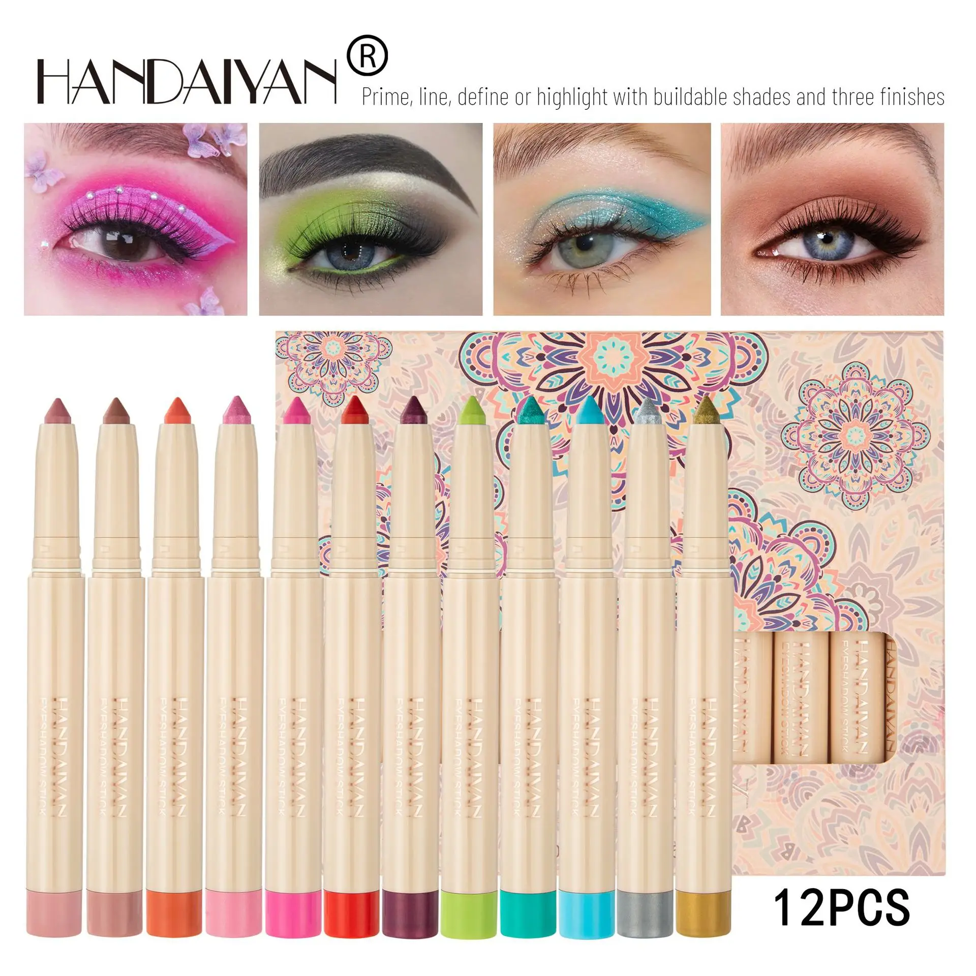 HANDAIYAN 12 pcs rainbow eyeshadow pen set shimmer matte eye shadow stick eyeliner with pencil sharpener