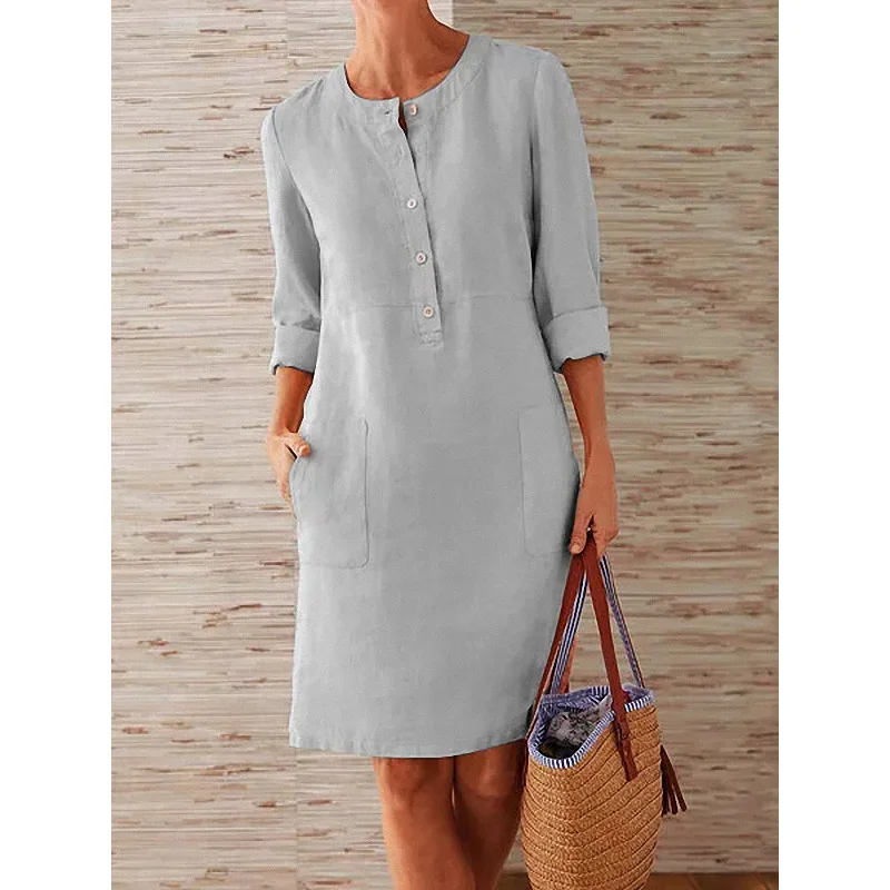2023 new Women Casual Soild Long Sleeve Cotton and Linen Tunic Dress Vintage Straight Dress Long Sleeve Oversized Mini Dress