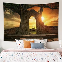 cross dusk forest tree printed large wall tapestry funny aesthetics bedroom decorative yoga mat size sheet mandala home decor