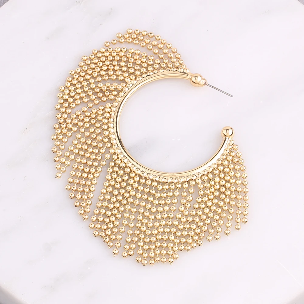 Металлические серьги с кисточками из рисовых бусин модные круглые длинные для