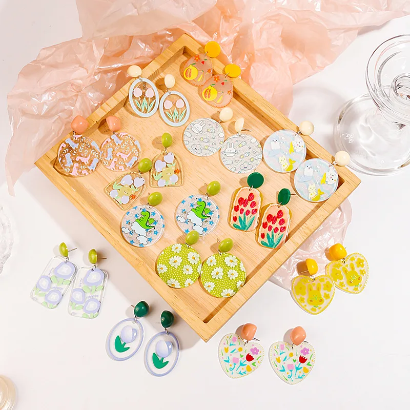 

Fashion Cartoon Colorful Flower Heart Earrings for Women Transparent Acrylic Fun Geometric Stud Earrings Party Birthday Jewelry