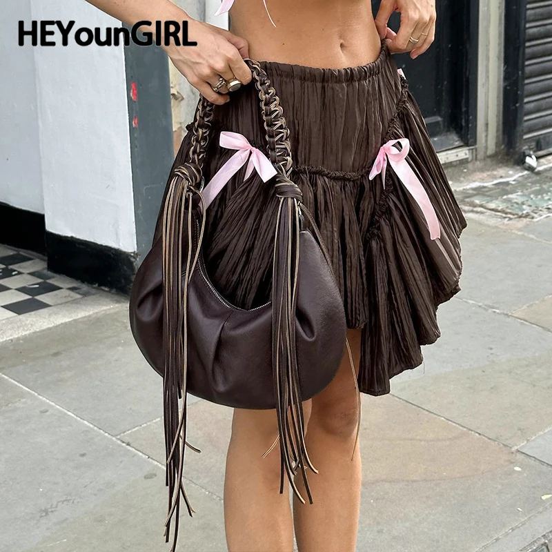 

HEYounGIRL Y2K Women Asymmetrical Folds Short Skirt Bow Patchwork Brown Low Waist Girly Fashion A-line Skirt Streetwear Vintage