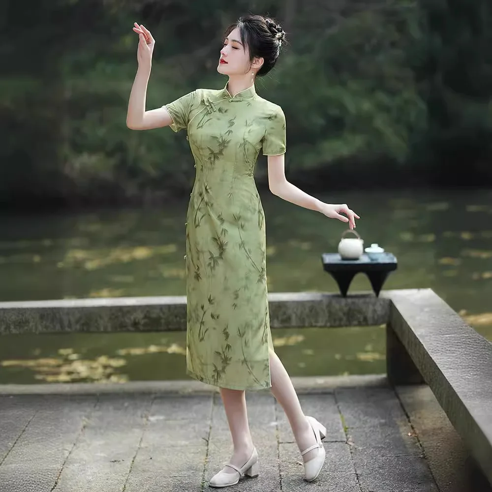 Женское винтажное платье-Ципао средней длины зеленое платье в китайском стиле с