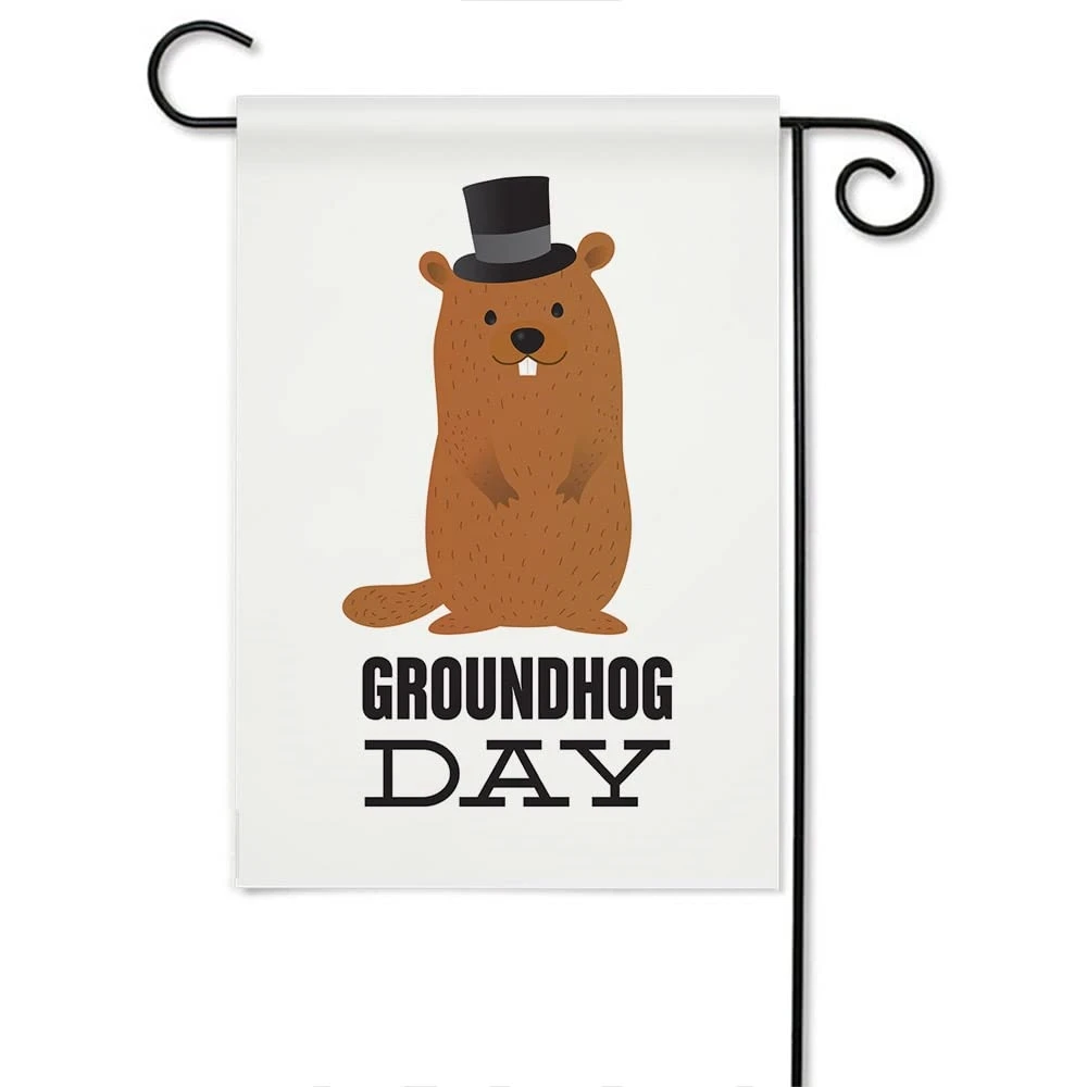 

Happy Groundhog Day Garden Flag Cute Animal with Black Hat Yard Flags Double Sided for Farm House Outside Patio Lawn Porch Decor