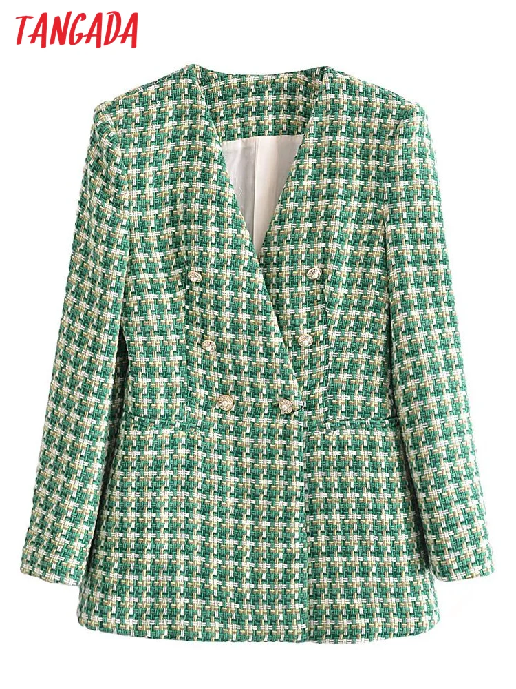 

Tangada Women Green Tweed Double Breasted Long Blazer Coat Vintage Long Sleeve Pockets Female Outwear 3H497