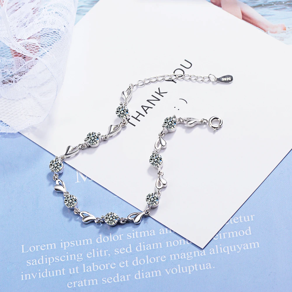 

Fashion Genuine 925 Silver Bracelet Round Zircon Created Diamond Love Heart Bracelets Gift For Women Prevent Allergy Jewelry