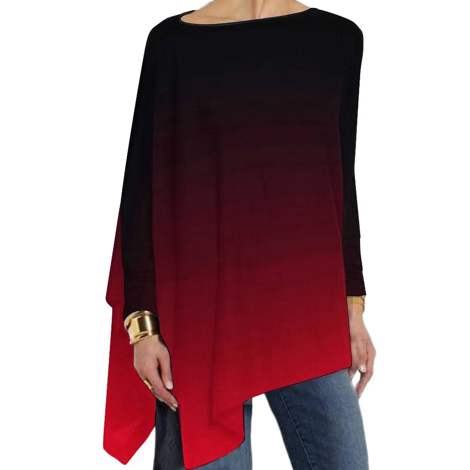 

Bright Red And Black Ombre T-Shirts Minimalist Gradient Street Wear Long Sleeve T-Shirt Trendy Graphic Tee Shirt Tops Big Size