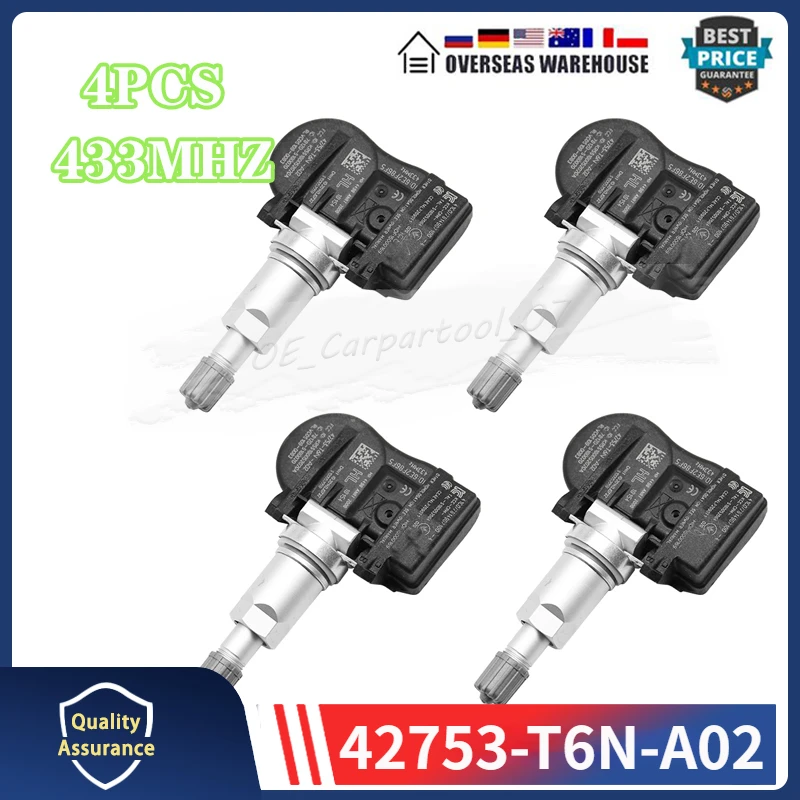 Датчик давления в шинах 42753-T6N-A02, 42753T6NA02, 433 МГц, датчик давления в шинах для Acura Nsx 2019-2026, датчик давления в шинах, 4 шт.