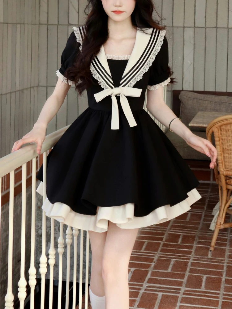 

Японское кавайное платье с пышными рукавами, женское мини-платье в стиле колледжа с бантом, женское Кружевное французское винтажное платье с матросским воротником, 2023