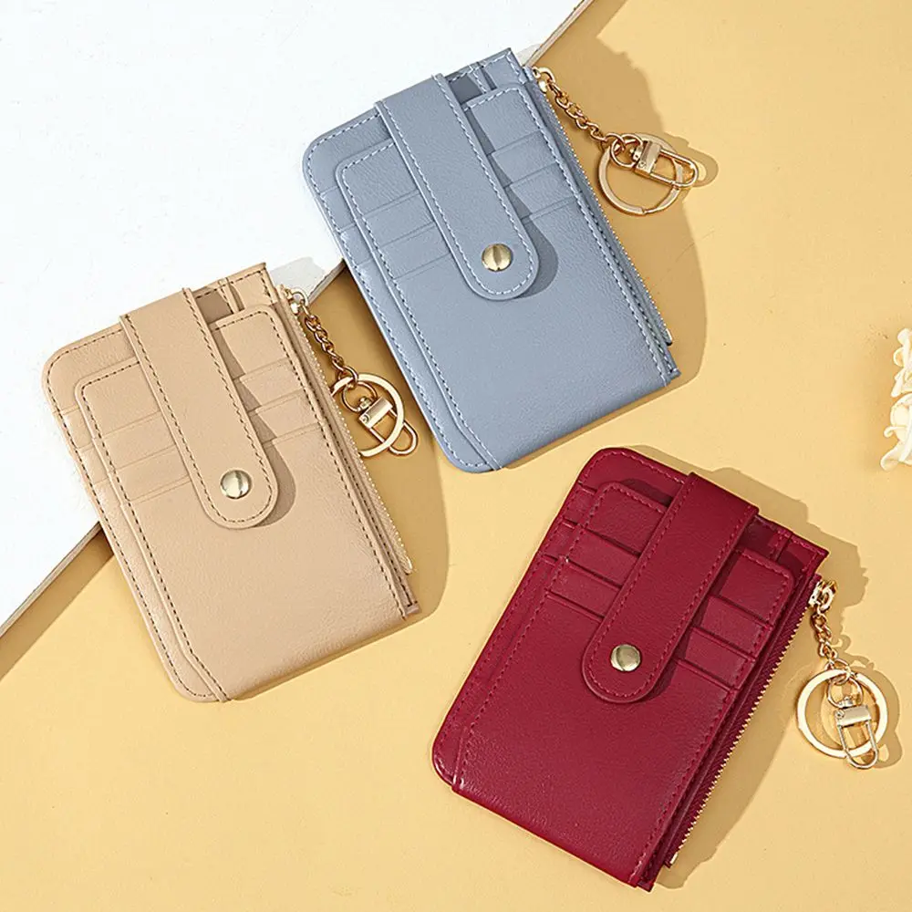 

Solid Color Ultra Thin PU Leather Bank Card Holder With Key Chain Korean Style Wallets Women Wallets Short Clutch Bag