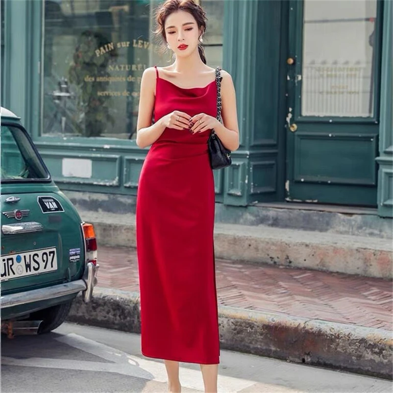 

2022 Summer Women Satin Sexy Long Dress Solid Slit Spaghetti straps Party Dress High Split Camisole Dress Vestidos Robe Femme