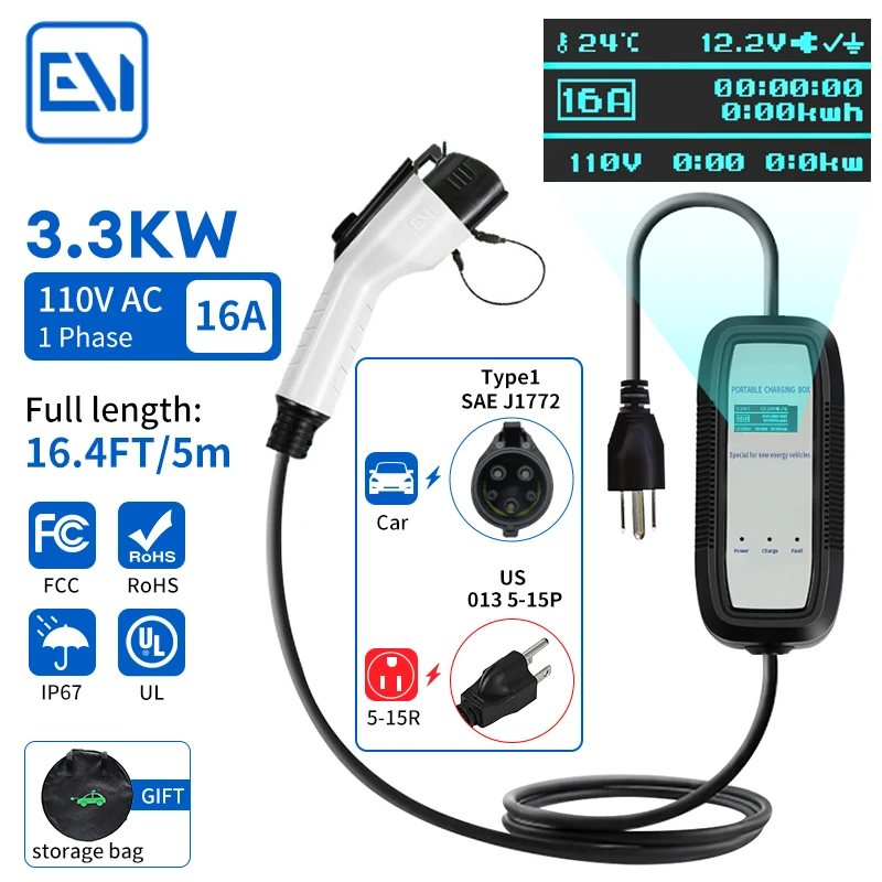 

EV Portable EV Charger Type1 wall box SAE J1772 charger 3.3kw 16A fast charging with Screen Displa for various electric vehicles