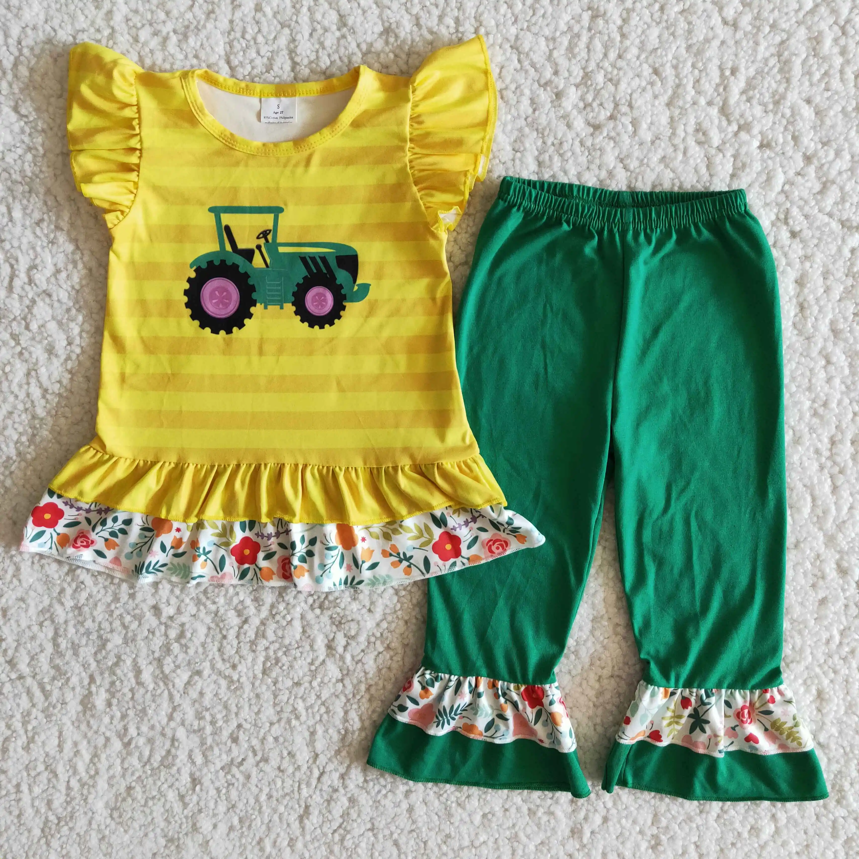 

Бутик детской одежды желтые полосатые грузовик Летающий рукав жилет зеленые брюки с цветочным низом комплекты одежды для маленьких девоче...