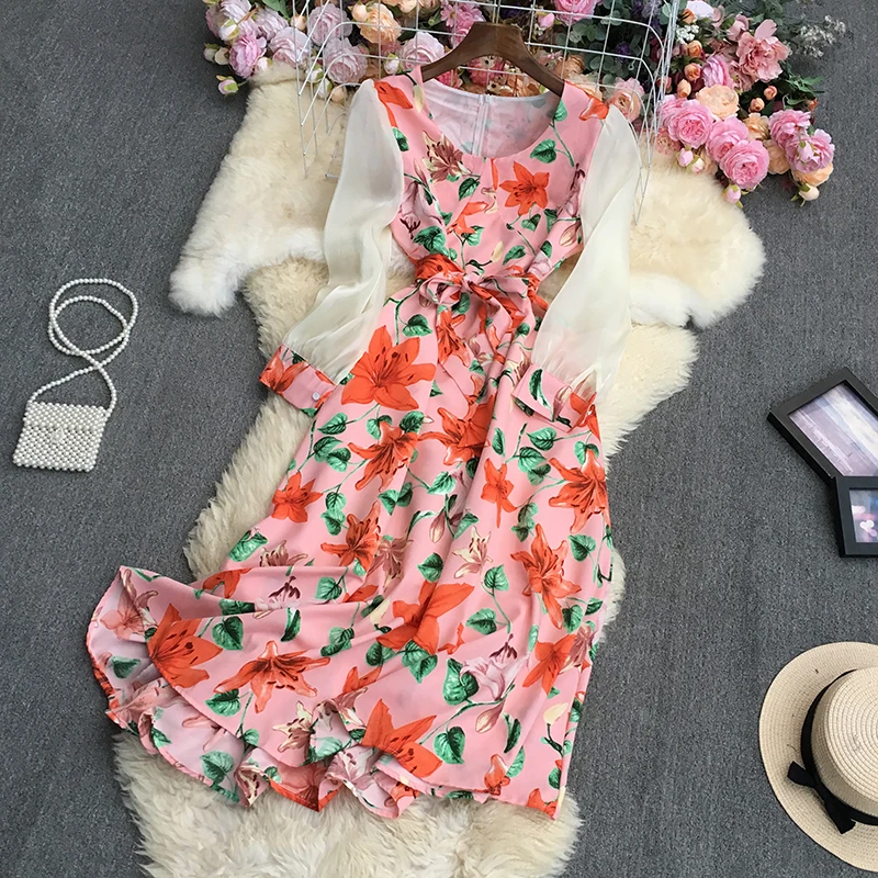 

Fitaylor New Spring Autumn Floral Print Chiffon Dress Women Casual O-neck A-line Medium Long Dress Female Slim Elegant Dress